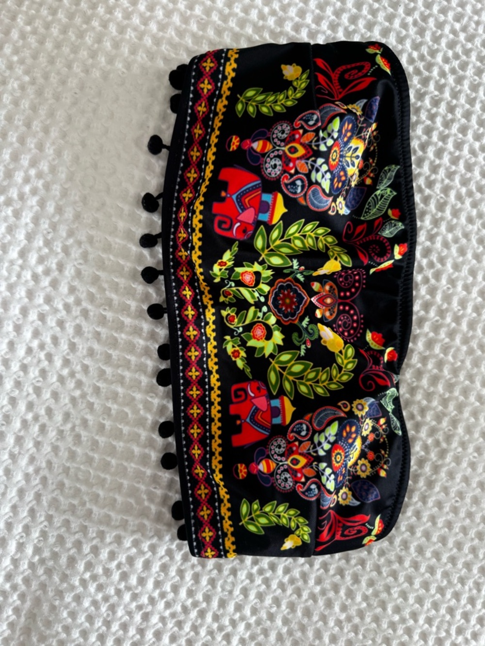 Black Floral Embroidered Strapless Bandeau with Pom Trim